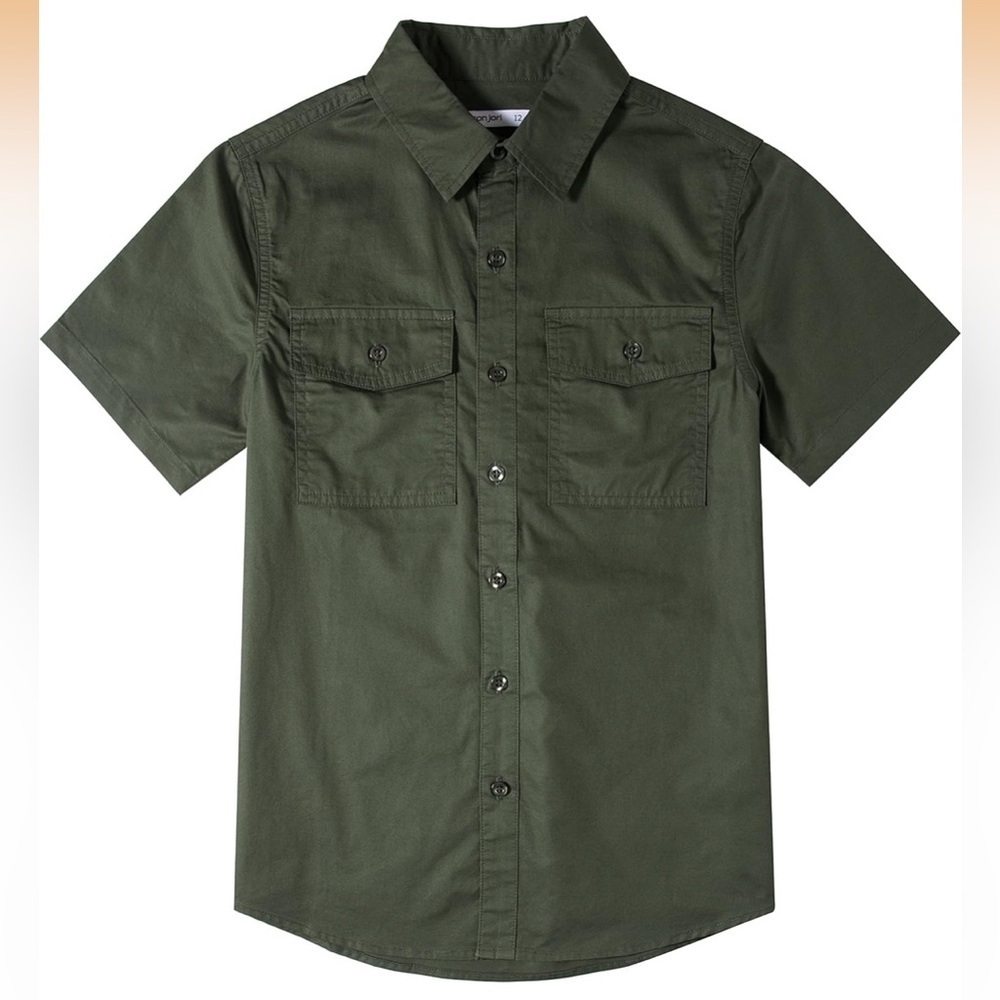 Tronjori Boys Dark Olive Short Sleeve Button Down Casual Shirt Size 12